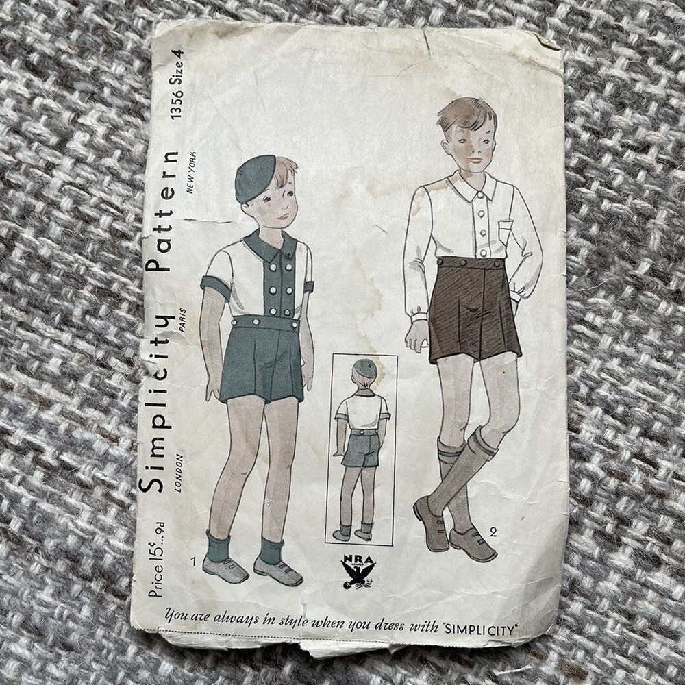 Vintage 1930s Simplicity 1356 Boys shirt Shorts Sewing Pattern 4‎ Rare